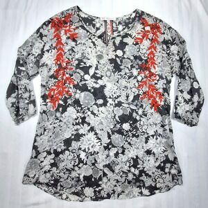 3J Workshop Johnny Was‎ Floral Embroidered Cotton Blouse Black Gray Red Small
